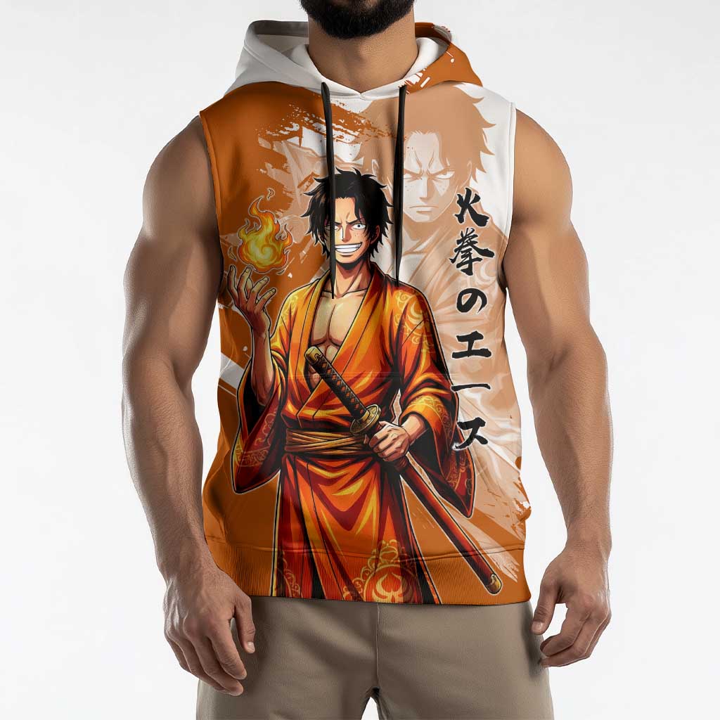 Wano Samurai Portgas D. Ace Sleeveless Hoodie Fiery One Piece Brush Art
