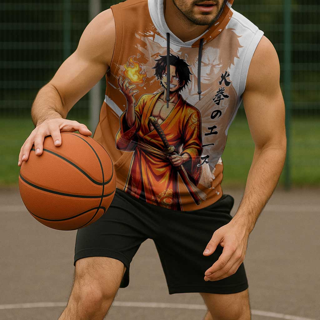 Wano Samurai Portgas D. Ace Sleeveless Hoodie Fiery One Piece Brush Art