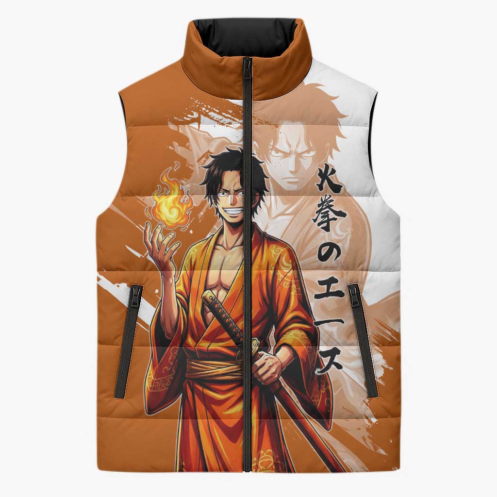 Wano Samurai Portgas D. Ace Sleeveless Puffer Jacket Fiery One Piece Brush Art