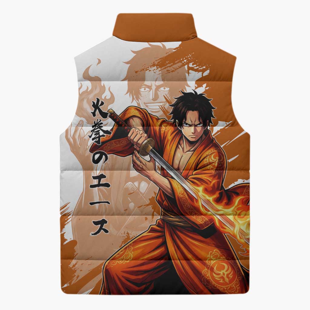 Wano Samurai Portgas D. Ace Sleeveless Puffer Jacket Fiery One Piece Brush Art