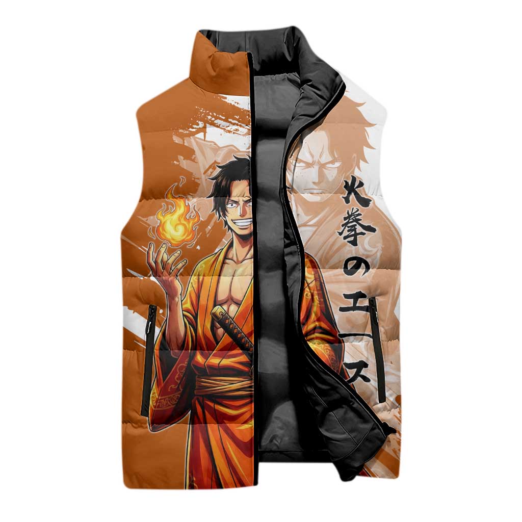 Wano Samurai Portgas D. Ace Sleeveless Puffer Jacket Fiery One Piece Brush Art