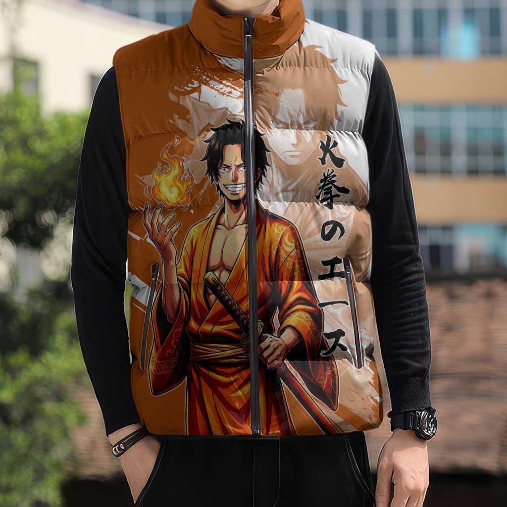 Wano Samurai Portgas D. Ace Sleeveless Puffer Jacket Fiery One Piece Brush Art