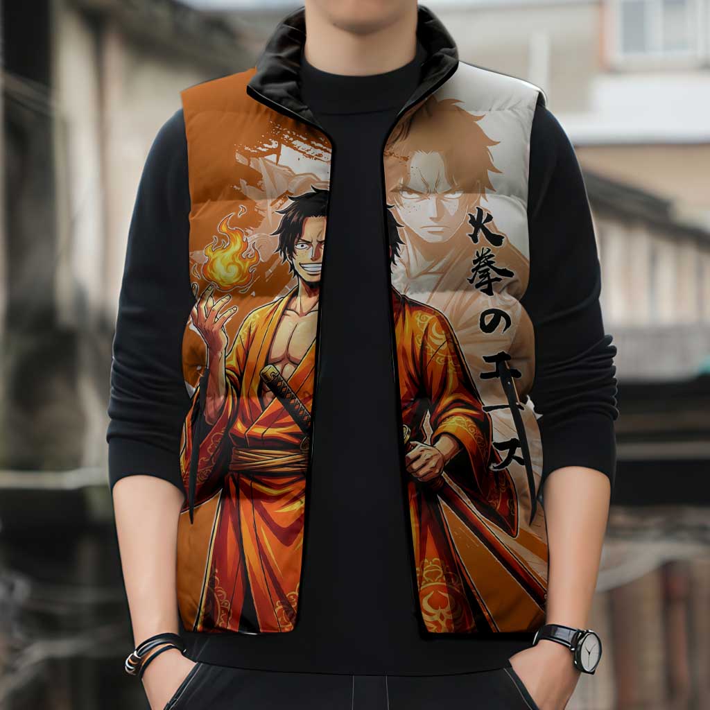 Wano Samurai Portgas D. Ace Sleeveless Puffer Jacket Fiery One Piece Brush Art