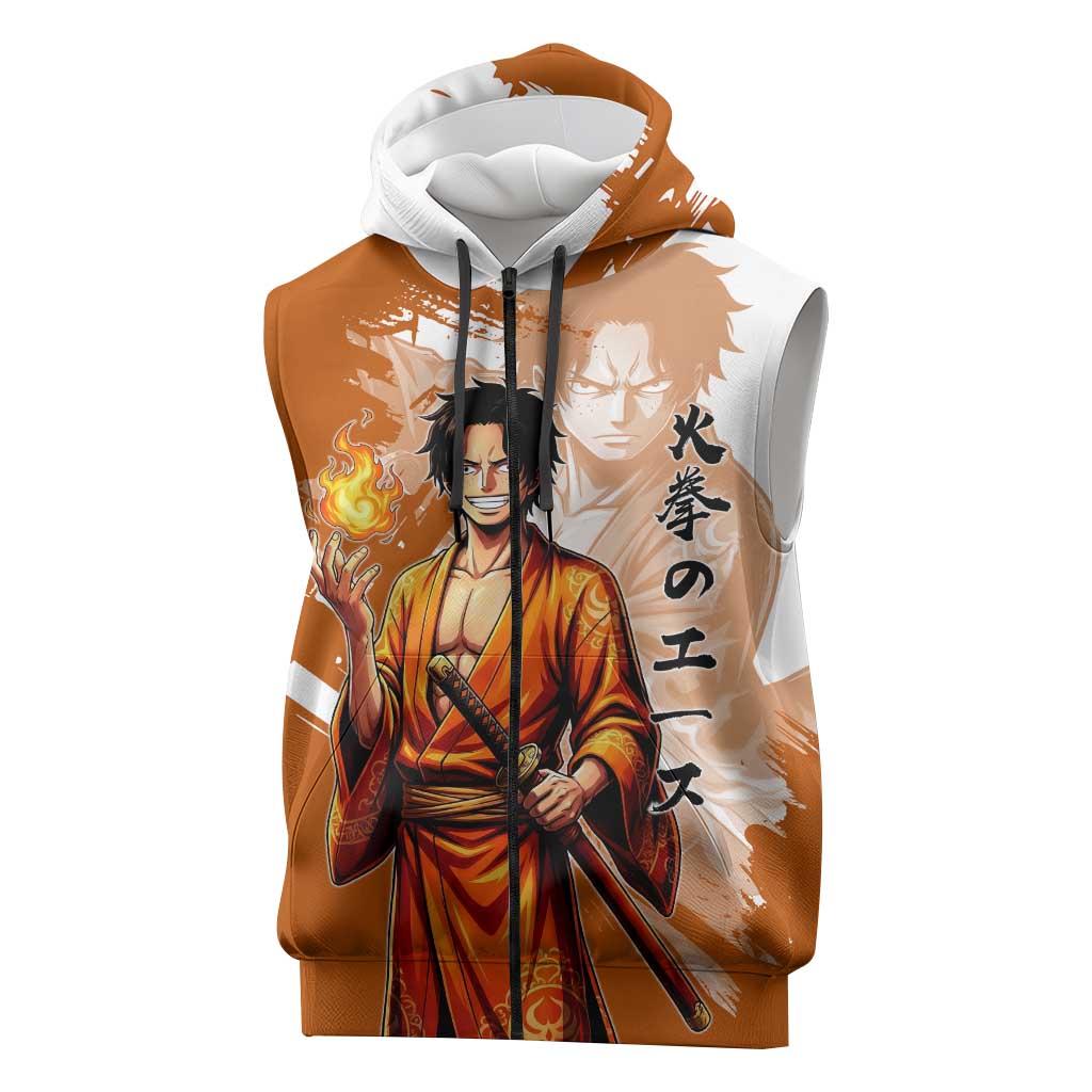Wano Samurai Portgas D. Ace Sleeveless Zip Hoodie Fiery One Piece Brush Art