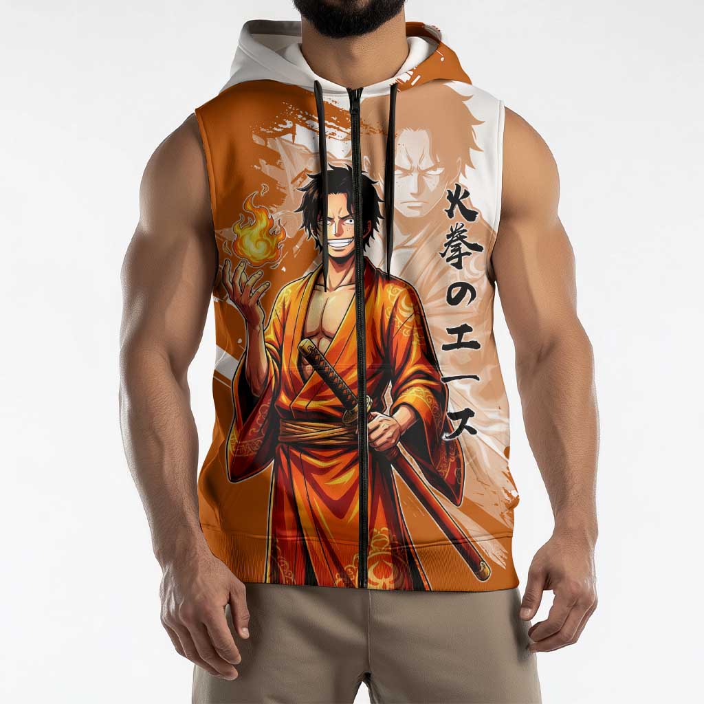 Wano Samurai Portgas D. Ace Sleeveless Zip Hoodie Fiery One Piece Brush Art