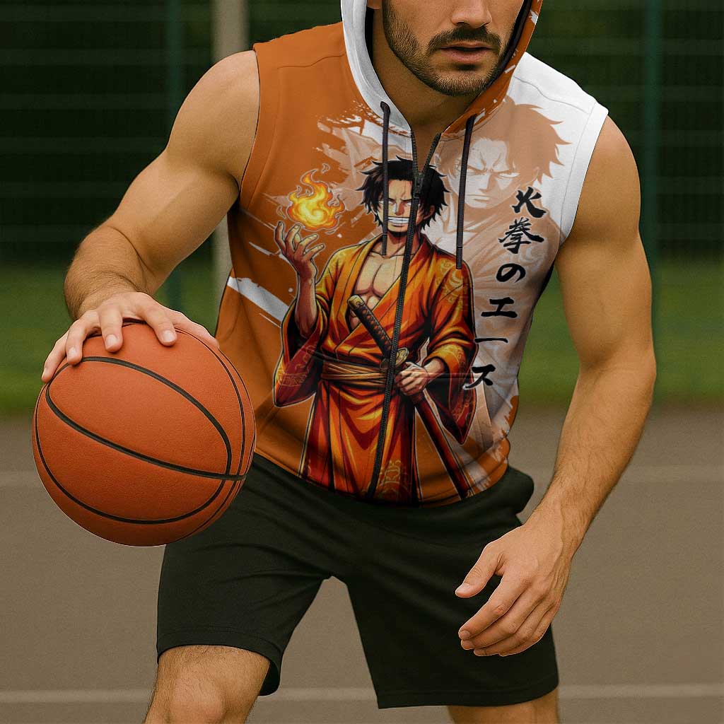 Wano Samurai Portgas D. Ace Sleeveless Zip Hoodie Fiery One Piece Brush Art