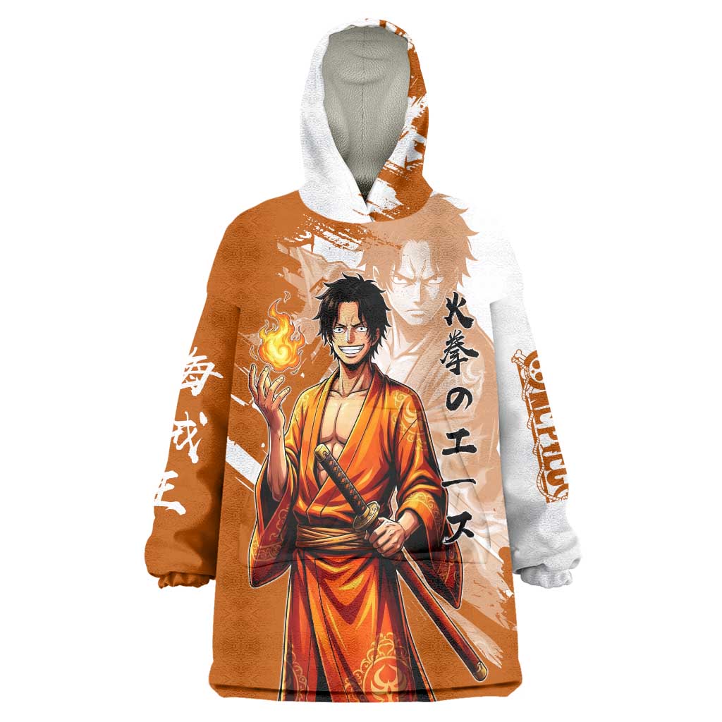Wano Samurai Portgas D. Ace Wearable Blanket Hoodie Fiery One Piece Brush Art
