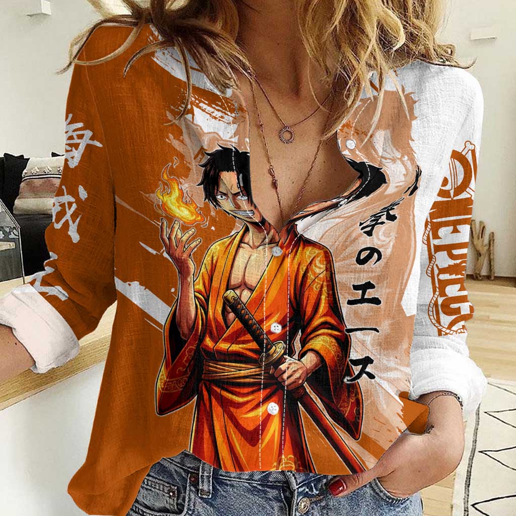 Wano Samurai Portgas D. Ace Women Casual Shirt Fiery One Piece Brush Art