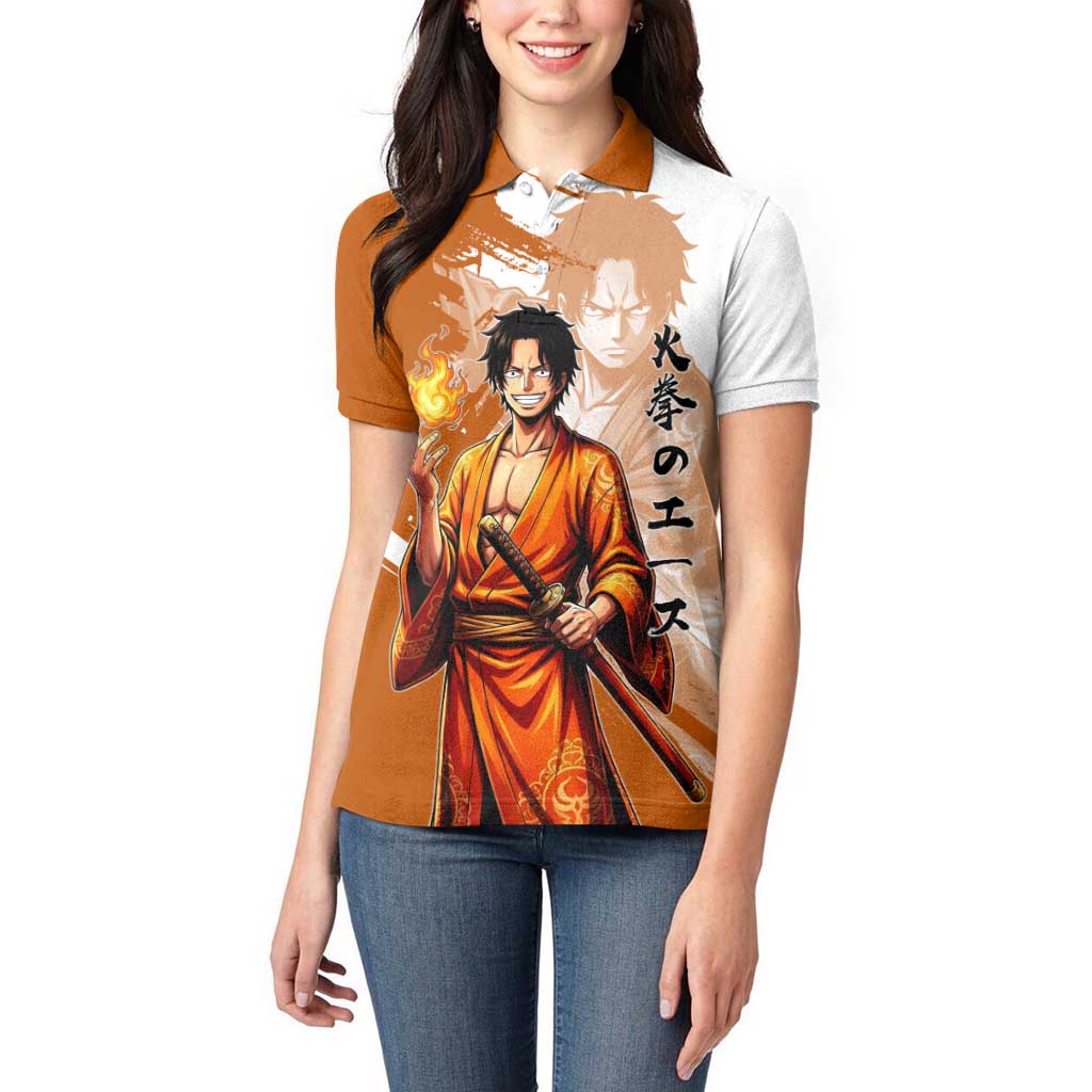 Wano Samurai Portgas D. Ace Women Polo Shirt Fiery One Piece Brush Art