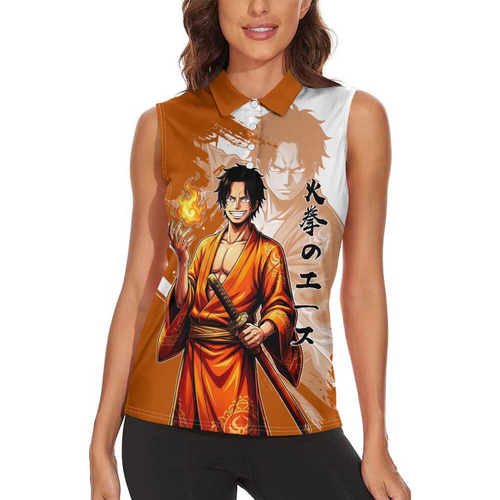 Wano Samurai Portgas D. Ace Women Sleeveless Polo Shirt Fiery One Piece Brush Art