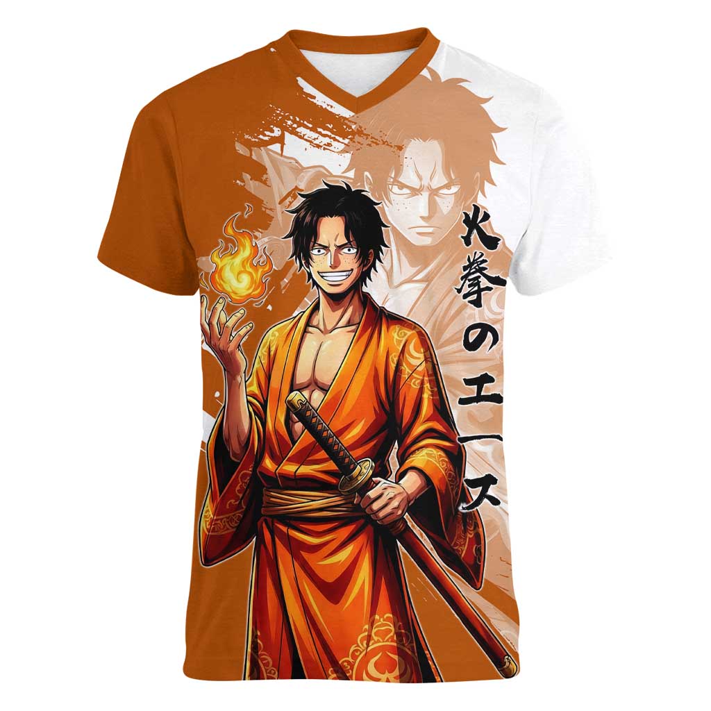 Wano Samurai Portgas D. Ace Women V-Neck T-Shirt Fiery One Piece Brush Art