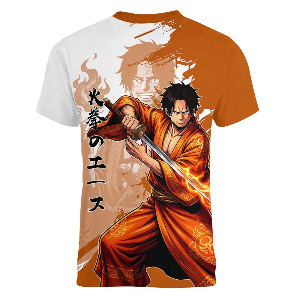 Wano Samurai Portgas D. Ace Women V-Neck T-Shirt Fiery One Piece Brush Art