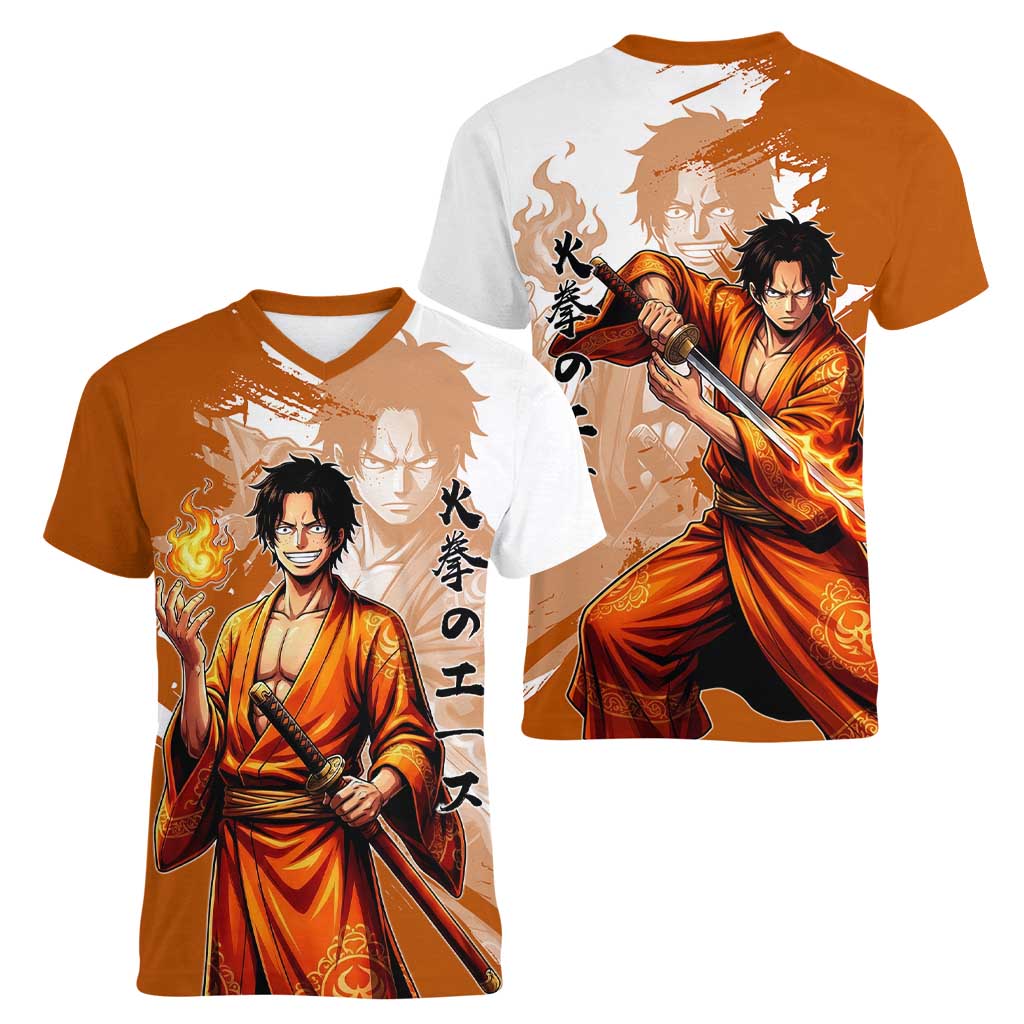 Wano Samurai Portgas D. Ace Women V-Neck T-Shirt Fiery One Piece Brush Art