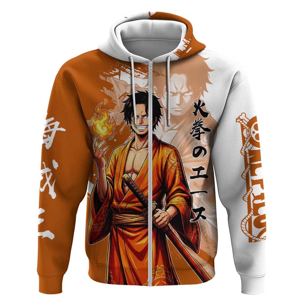 Wano Samurai Portgas D. Ace Zip Hoodie Fiery One Piece Brush Art