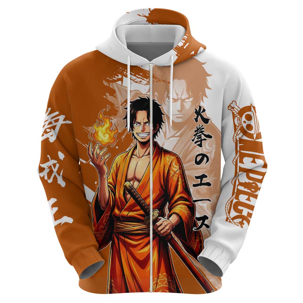 Wano Samurai Portgas D. Ace Zip Hoodie Fiery One Piece Brush Art