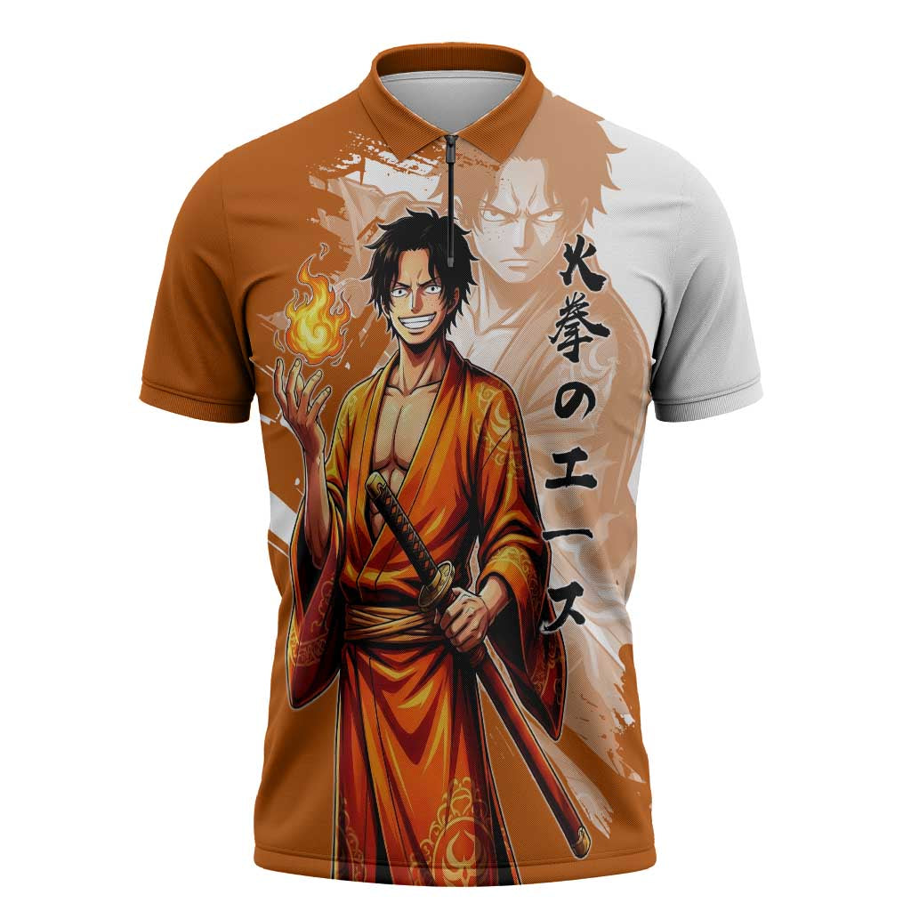 Wano Samurai Portgas D. Ace Zipper Polo Shirt Fiery One Piece Brush Art