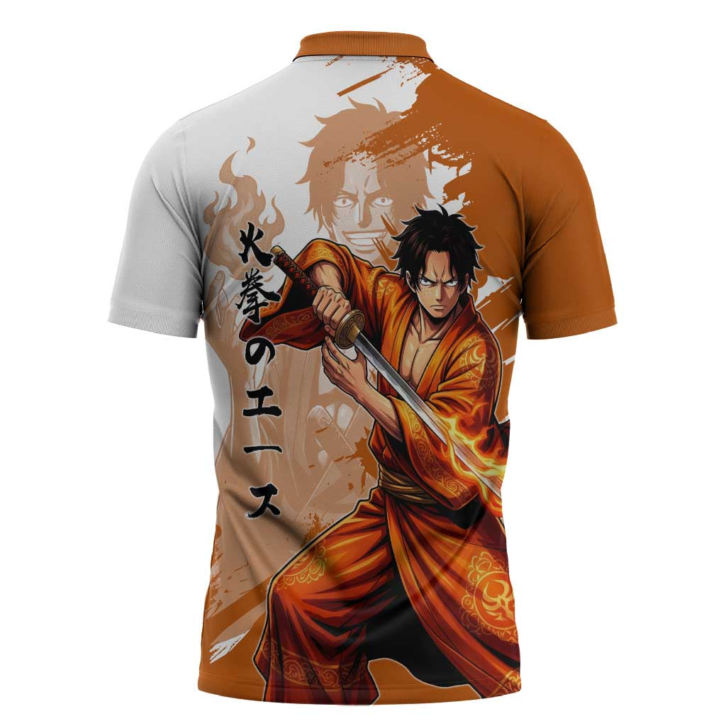 Wano Samurai Portgas D. Ace Zipper Polo Shirt Fiery One Piece Brush Art