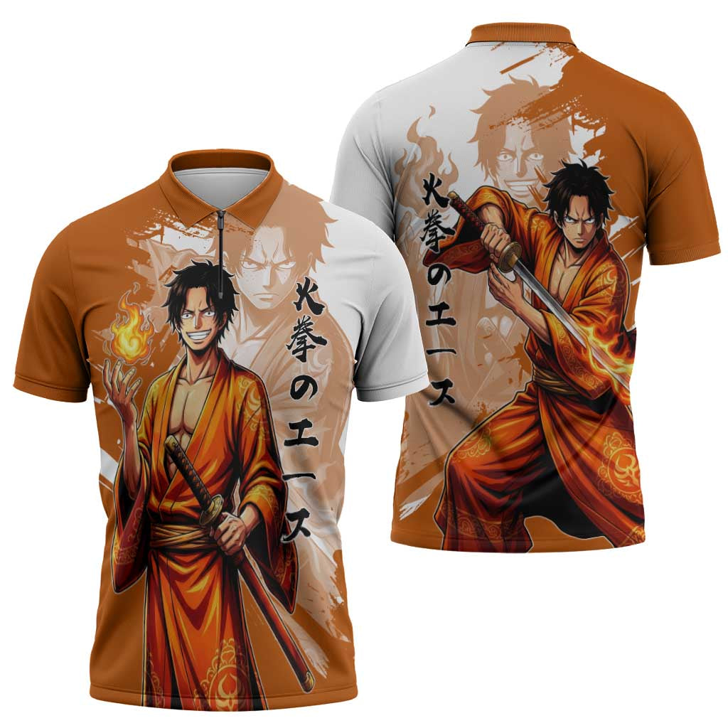 Wano Samurai Portgas D. Ace Zipper Polo Shirt Fiery One Piece Brush Art