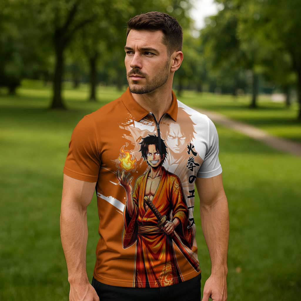 Wano Samurai Portgas D. Ace Zipper Polo Shirt Fiery One Piece Brush Art