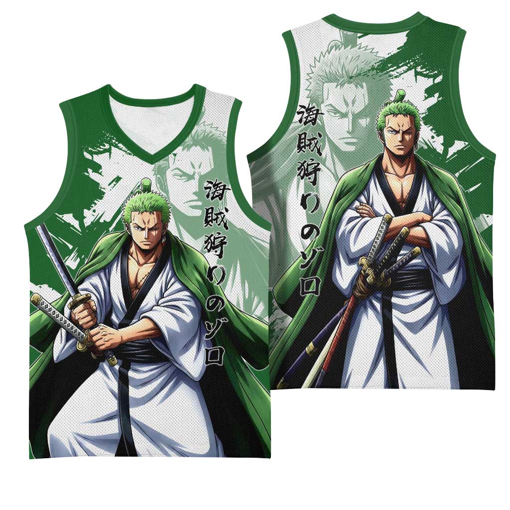 Wano Samurai Roronoa Zoro Basketball Jersey Bold Ink Brush Anime Style