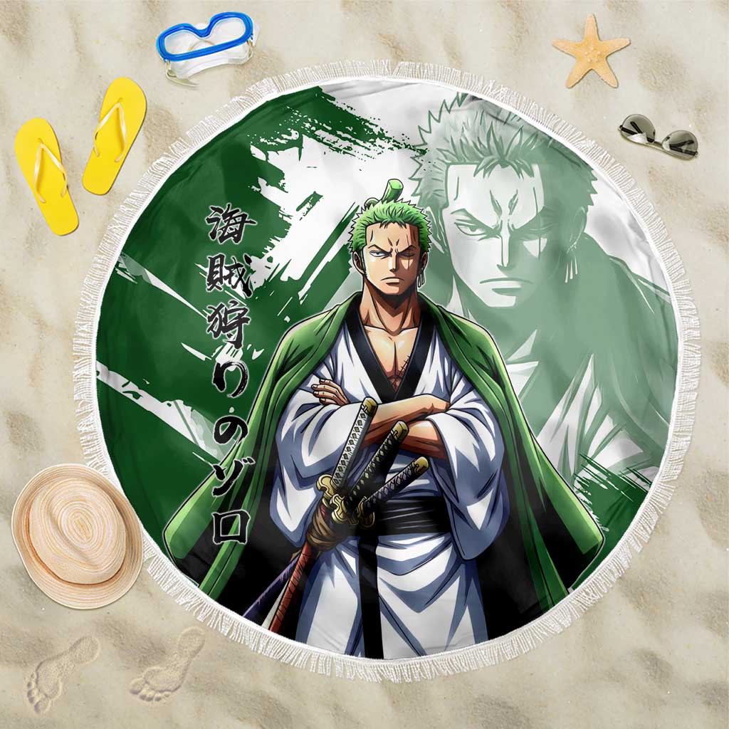 Wano Samurai Roronoa Zoro Beach Blanket Bold Ink Brush Anime Style