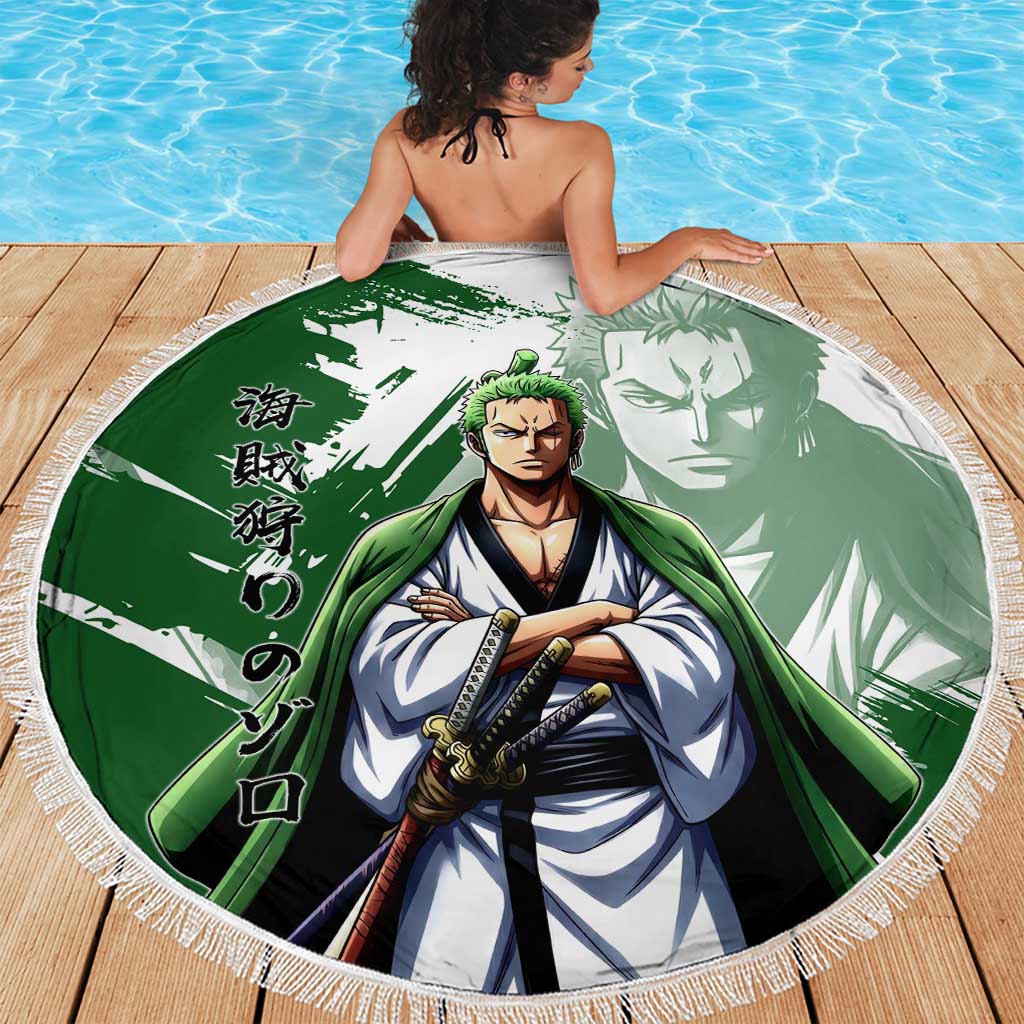 Wano Samurai Roronoa Zoro Beach Blanket Bold Ink Brush Anime Style