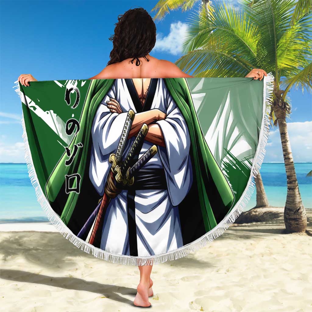 Wano Samurai Roronoa Zoro Beach Blanket Bold Ink Brush Anime Style