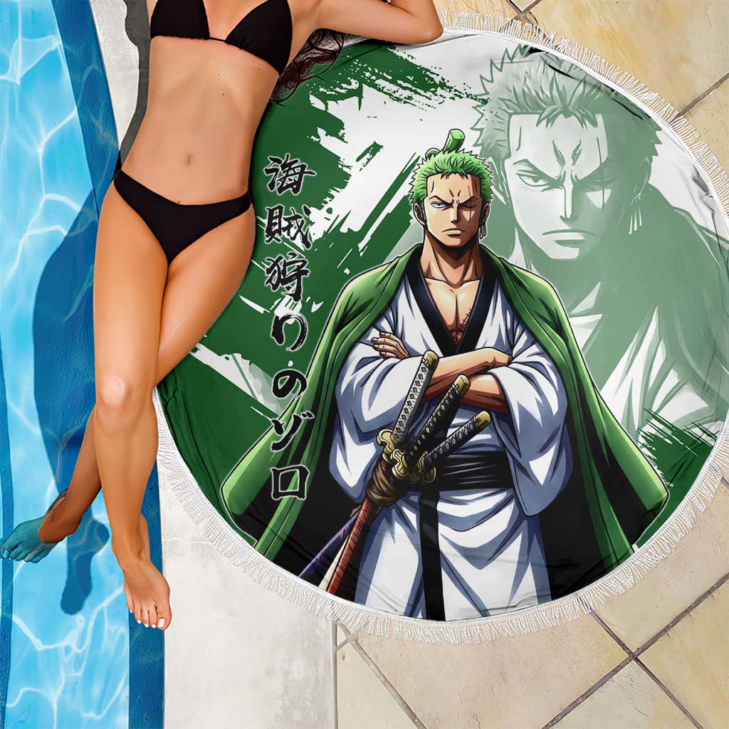 Wano Samurai Roronoa Zoro Beach Blanket Bold Ink Brush Anime Style