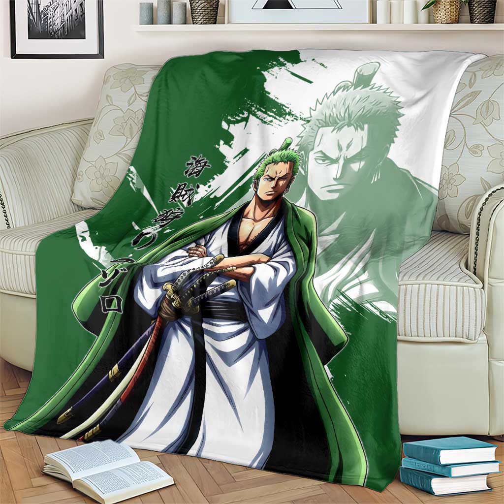 Wano Samurai Roronoa Zoro Blanket Bold Ink Brush Anime Style