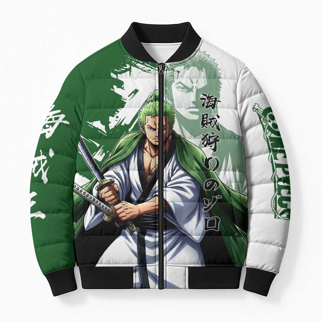 Wano Samurai Roronoa Zoro Bomber Puffer Jacket Bold Ink Brush Anime Style