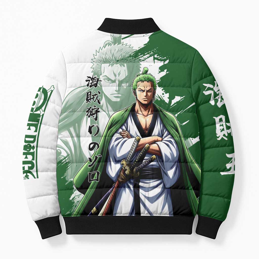 Wano Samurai Roronoa Zoro Bomber Puffer Jacket Bold Ink Brush Anime Style