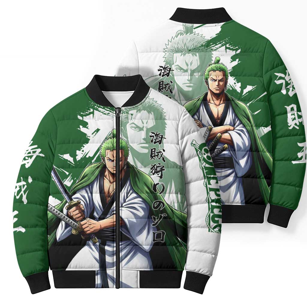 Wano Samurai Roronoa Zoro Bomber Puffer Jacket Bold Ink Brush Anime Style