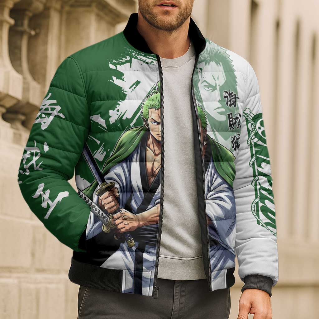Wano Samurai Roronoa Zoro Bomber Puffer Jacket Bold Ink Brush Anime Style