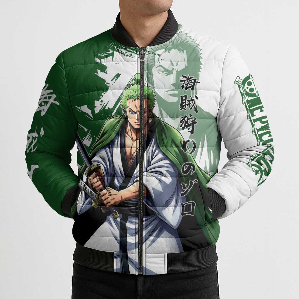 Wano Samurai Roronoa Zoro Bomber Puffer Jacket Bold Ink Brush Anime Style