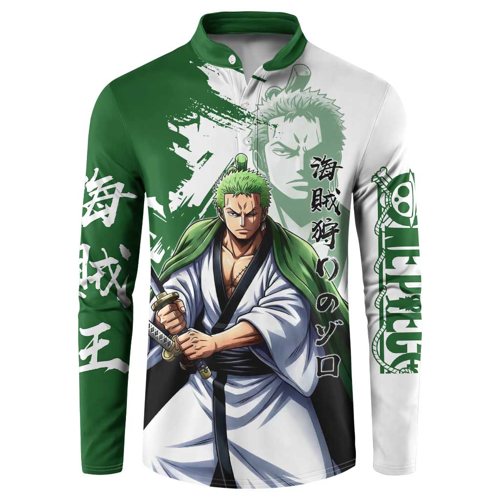 Wano Samurai Roronoa Zoro Button Sweatshirt Bold Ink Brush Anime Style