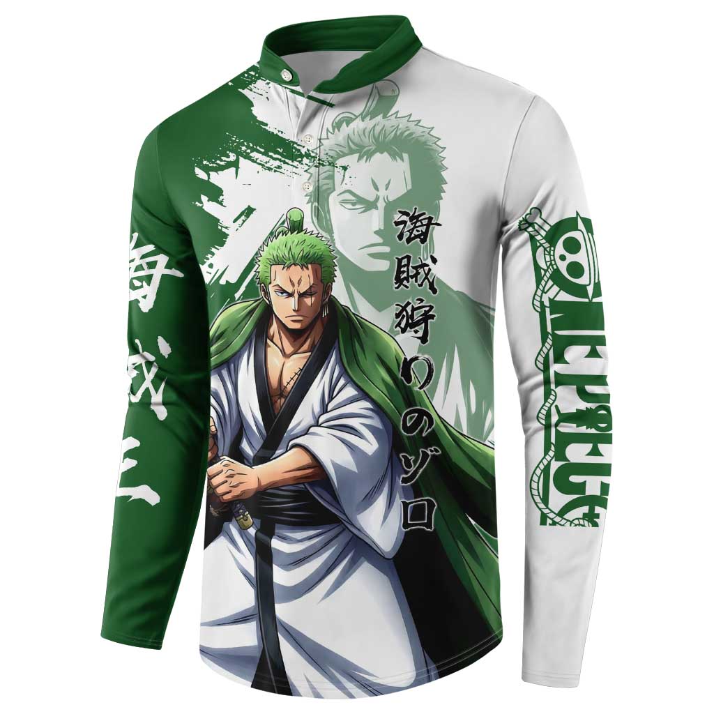 Wano Samurai Roronoa Zoro Button Sweatshirt Bold Ink Brush Anime Style