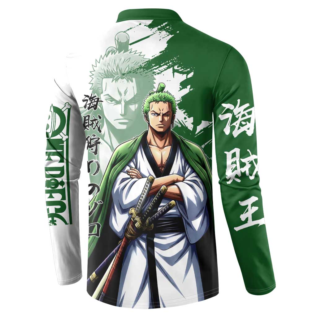 Wano Samurai Roronoa Zoro Button Sweatshirt Bold Ink Brush Anime Style