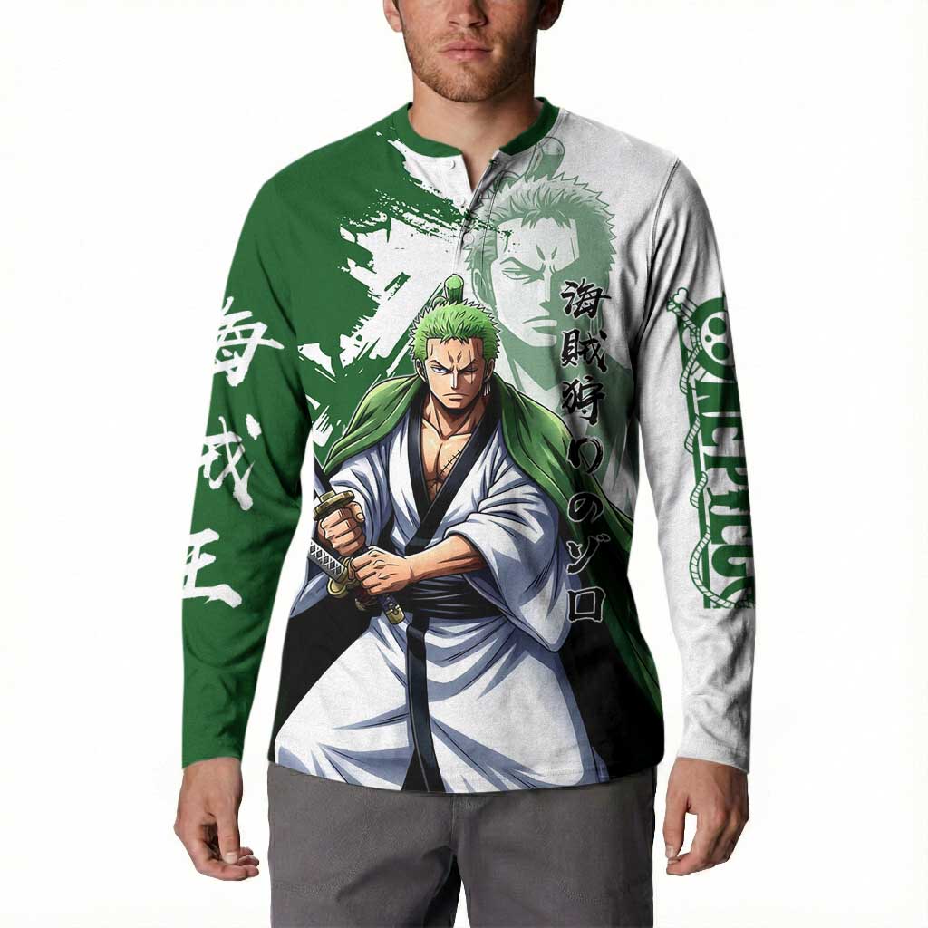 Wano Samurai Roronoa Zoro Button Sweatshirt Bold Ink Brush Anime Style