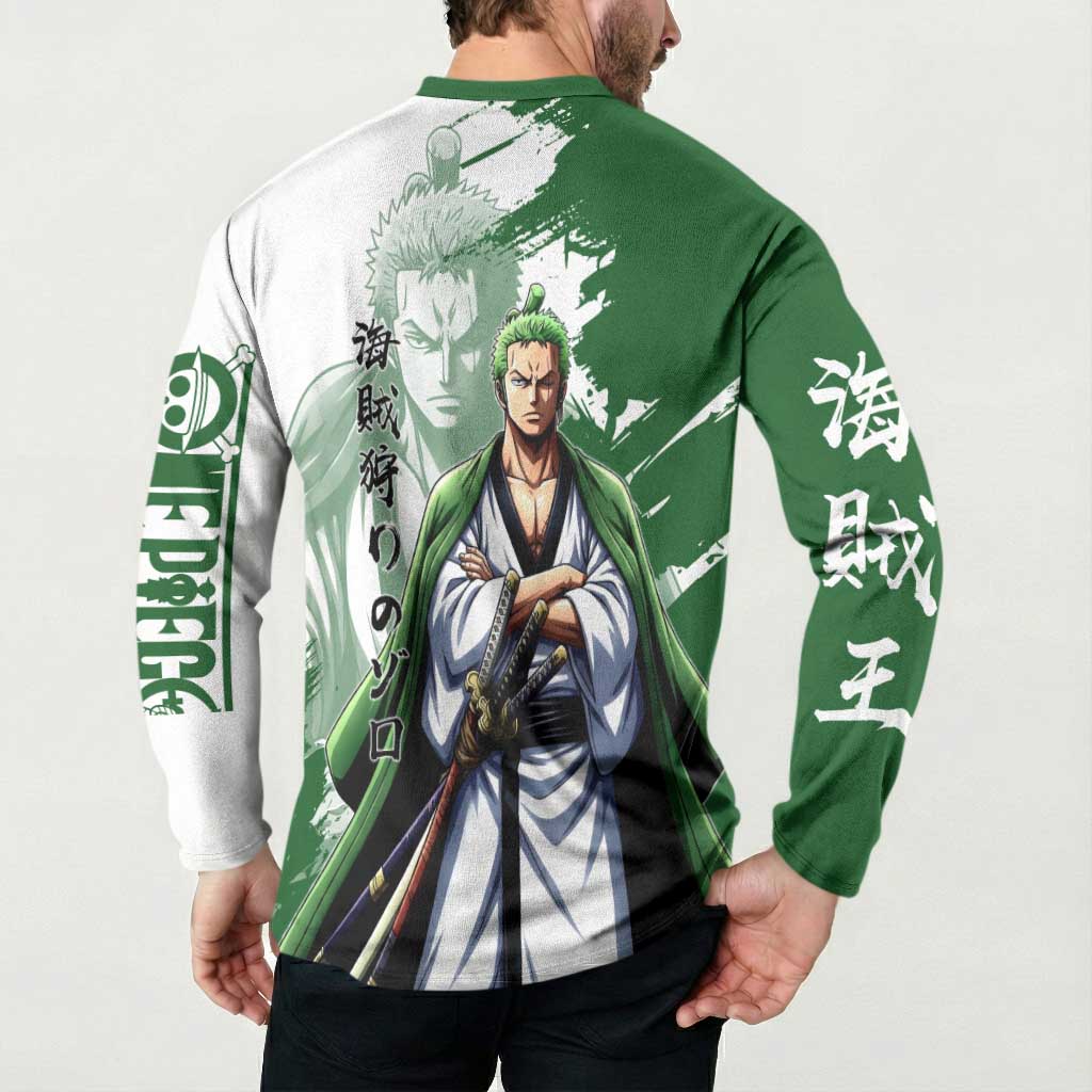 Wano Samurai Roronoa Zoro Button Sweatshirt Bold Ink Brush Anime Style