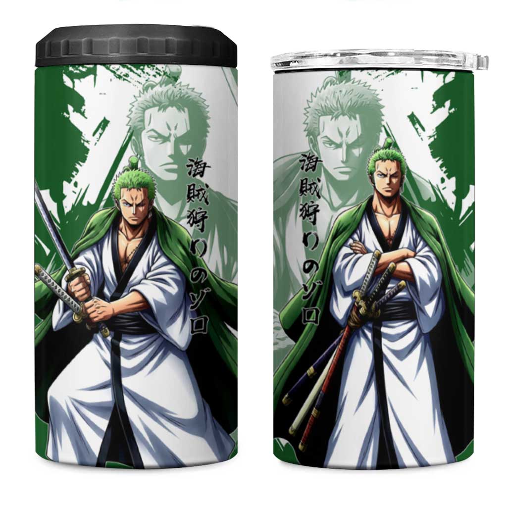 Wano Samurai Roronoa Zoro 4 in 1 Can Cooler Tumbler Bold Ink Brush Anime Style