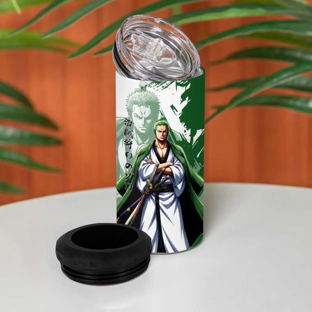 Wano Samurai Roronoa Zoro 4 in 1 Can Cooler Tumbler Bold Ink Brush Anime Style