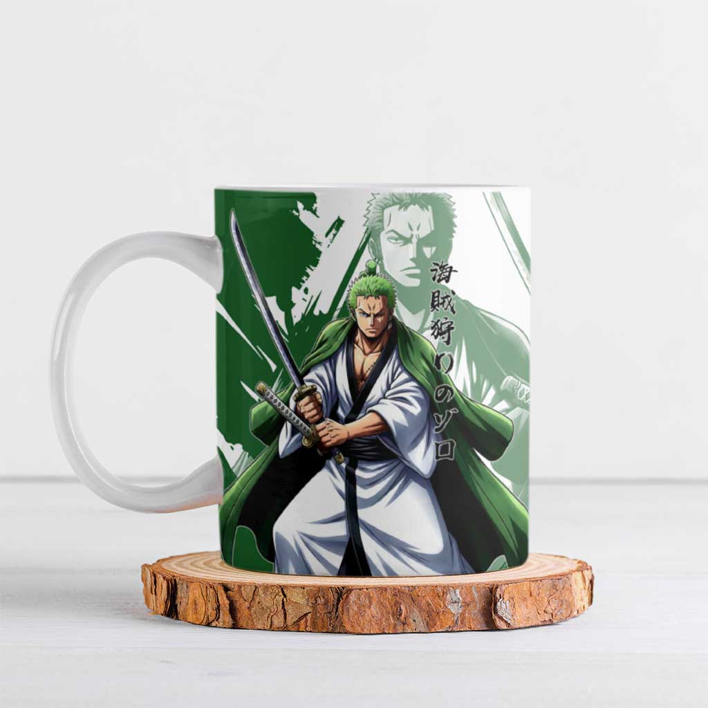 Wano Samurai Roronoa Zoro Ceramic Mug Bold Ink Brush Anime Style