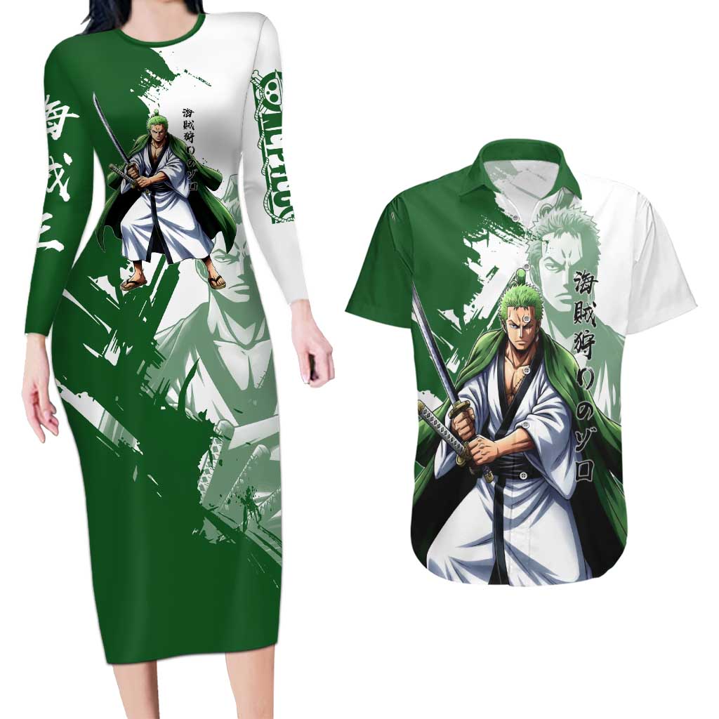 Wano Samurai Roronoa Zoro Couples Matching Long Sleeve Bodycon Dress and Hawaiian Shirt Bold Ink Brush Anime Style