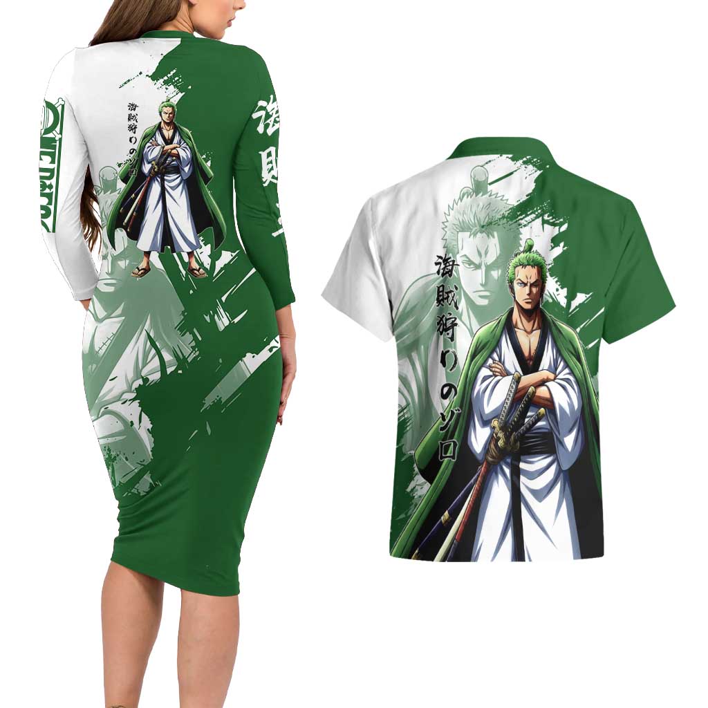 Wano Samurai Roronoa Zoro Couples Matching Long Sleeve Bodycon Dress and Hawaiian Shirt Bold Ink Brush Anime Style