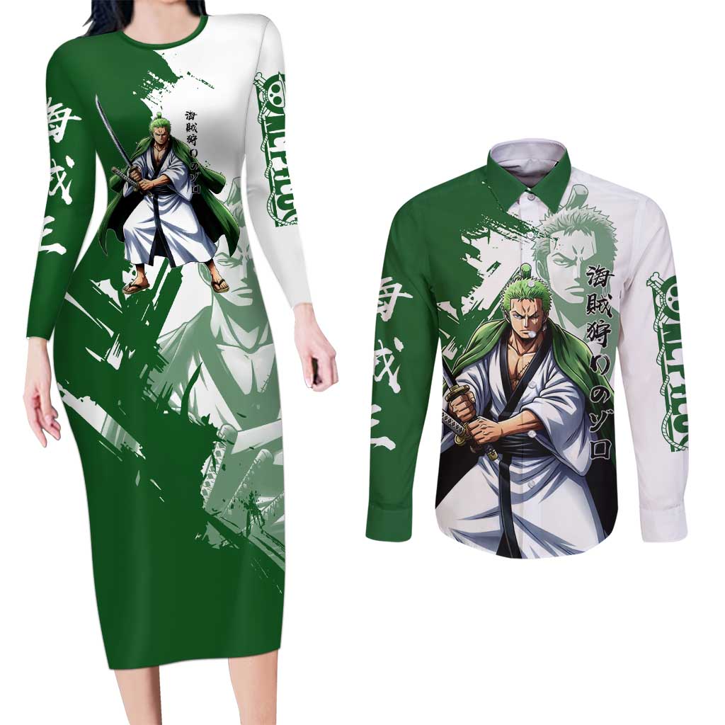 Wano Samurai Roronoa Zoro Couples Matching Long Sleeve Bodycon Dress and Long Sleeve Button Shirt Bold Ink Brush Anime Style