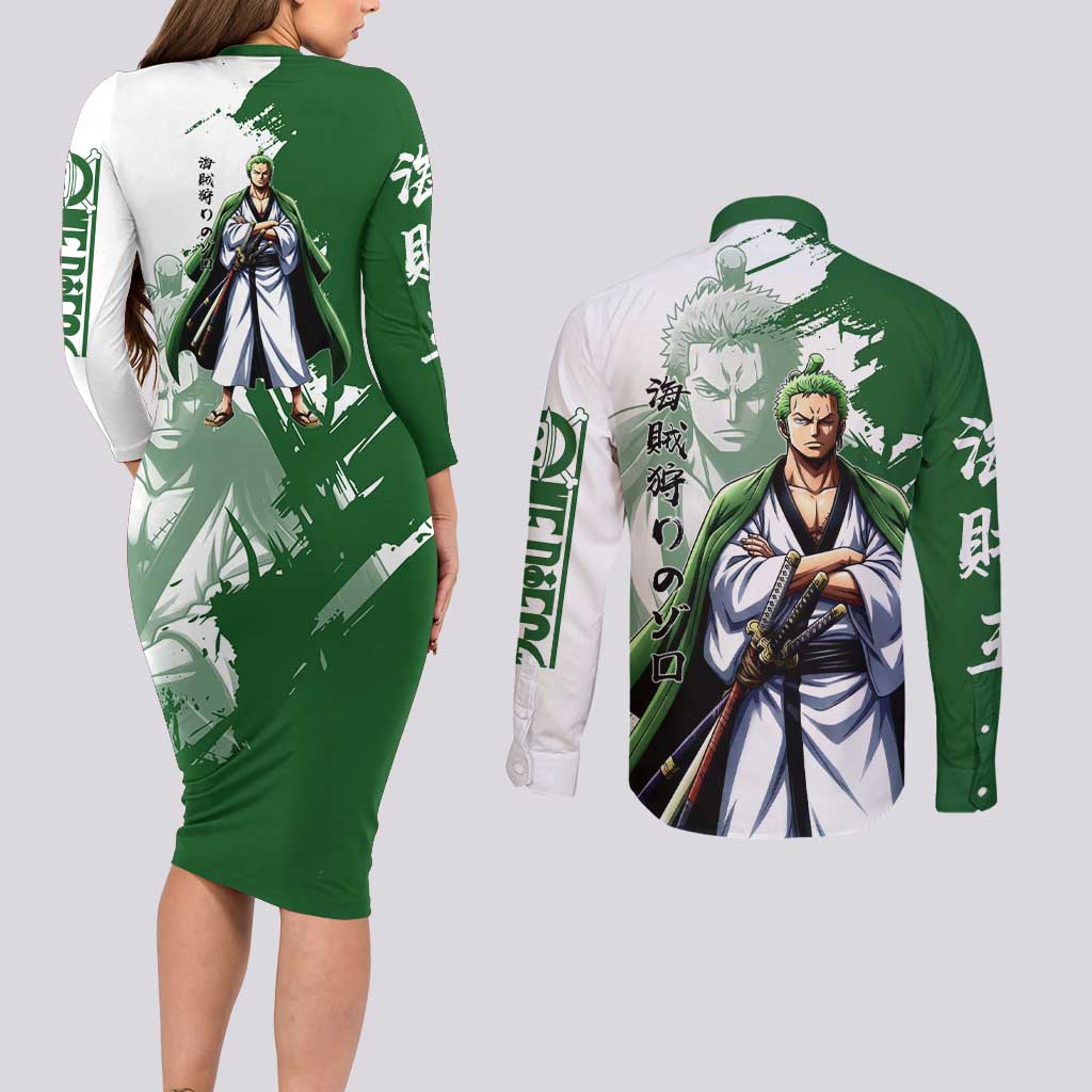 Wano Samurai Roronoa Zoro Couples Matching Long Sleeve Bodycon Dress and Long Sleeve Button Shirt Bold Ink Brush Anime Style
