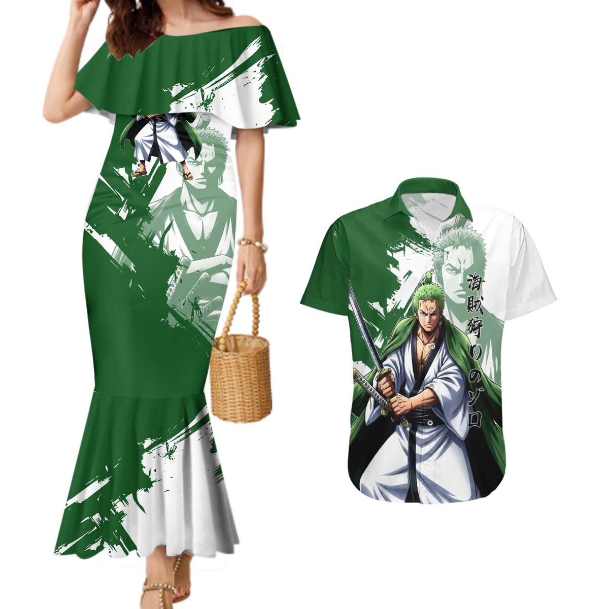 Wano Samurai Roronoa Zoro Couples Matching Mermaid Dress and Hawaiian Shirt Bold Ink Brush Anime Style