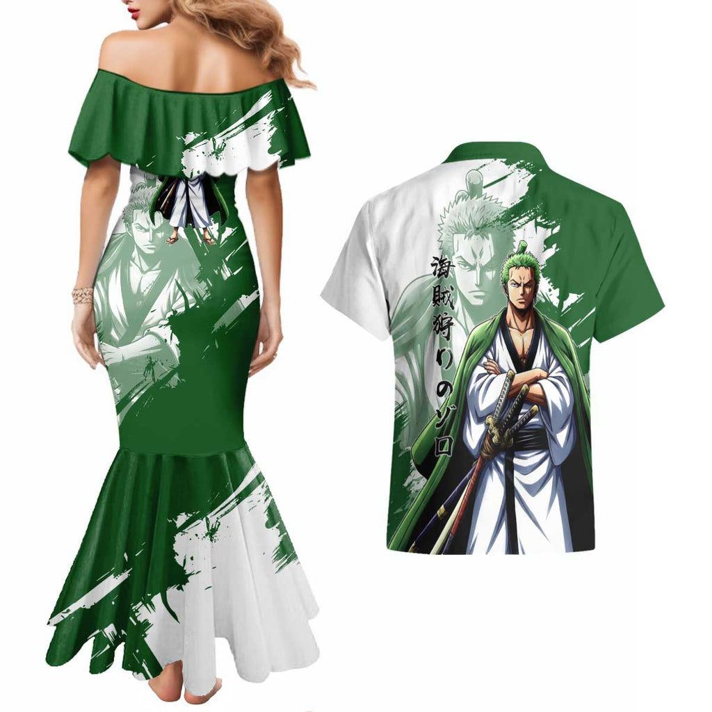 Wano Samurai Roronoa Zoro Couples Matching Mermaid Dress and Hawaiian Shirt Bold Ink Brush Anime Style