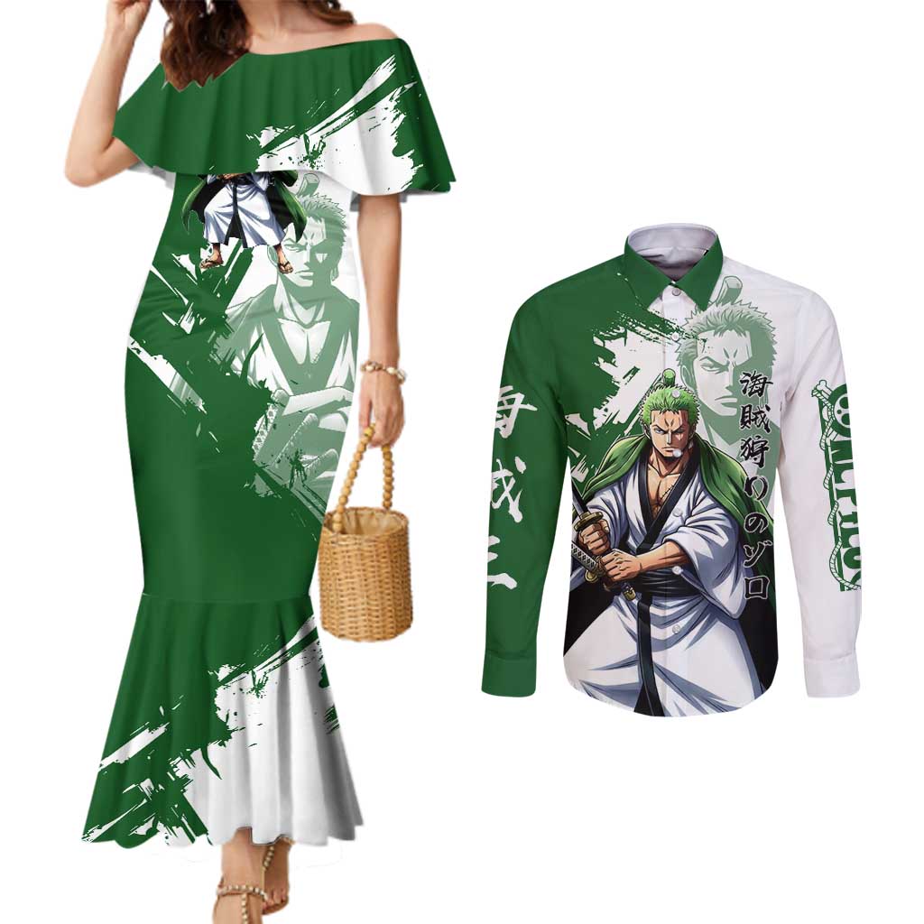 Wano Samurai Roronoa Zoro Couples Matching Mermaid Dress and Long Sleeve Button Shirt Bold Ink Brush Anime Style