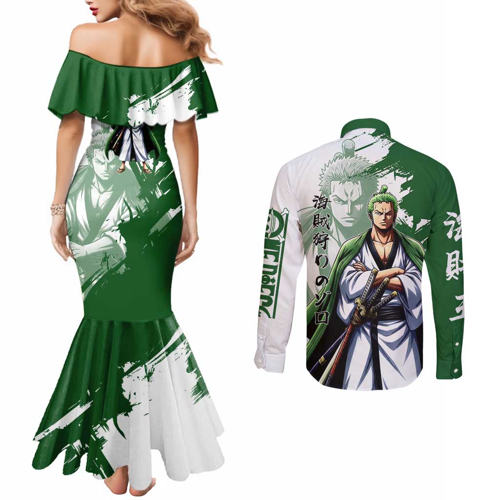Wano Samurai Roronoa Zoro Couples Matching Mermaid Dress and Long Sleeve Button Shirt Bold Ink Brush Anime Style